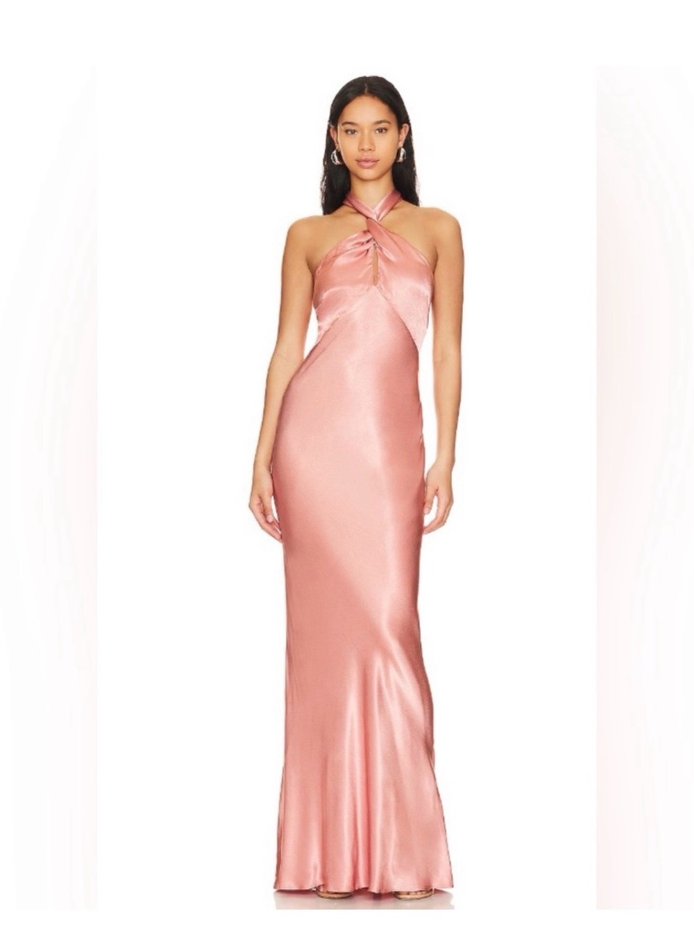 Satin Halter Twist Evening Gown in Blush Pink